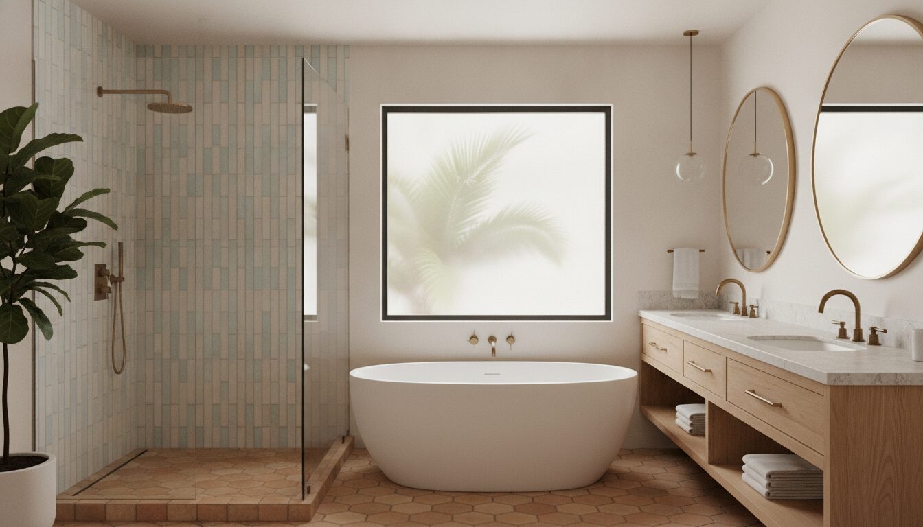 Renovated primary bathroom with freestanding tub and oak vanity