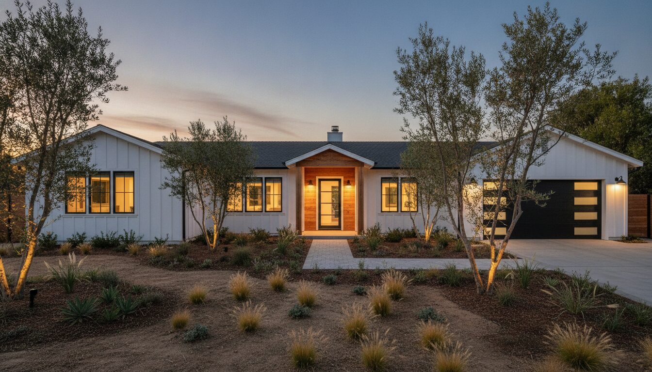 Fully renovated California ranch exterior at dusk