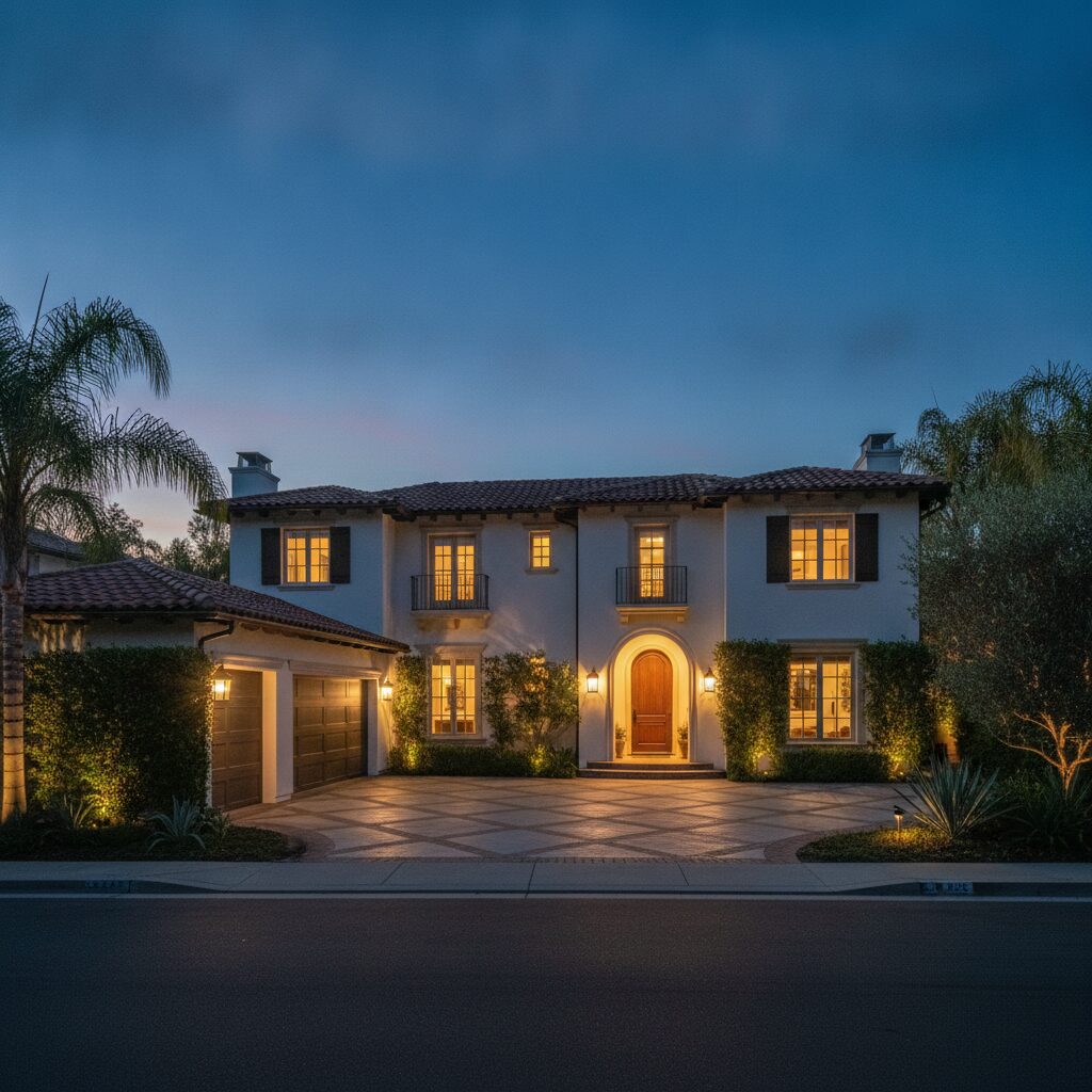 Twilight listing photograph of an elegant two-story home