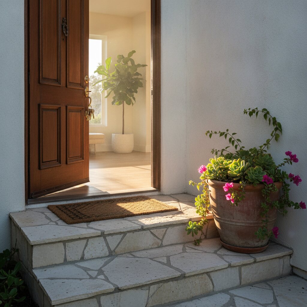 Sunlit front door with keys — buying a home with Duri Hussain