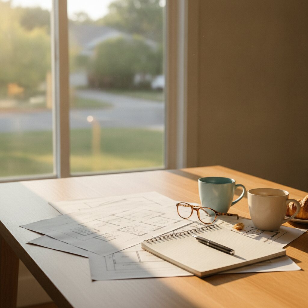 Planning a move — floor plans and coffee on a sunlit table