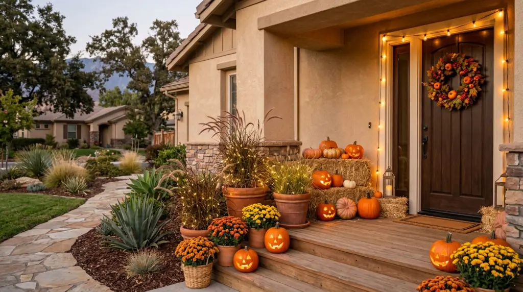 A brightly lit porch showcasing drought-tolerant ornamental grasses in terra cotta pots, intertwined with delicate battery-operated fairy lights, providing a warm glow next to a stack of hay bales and a stylized pumpkin display.