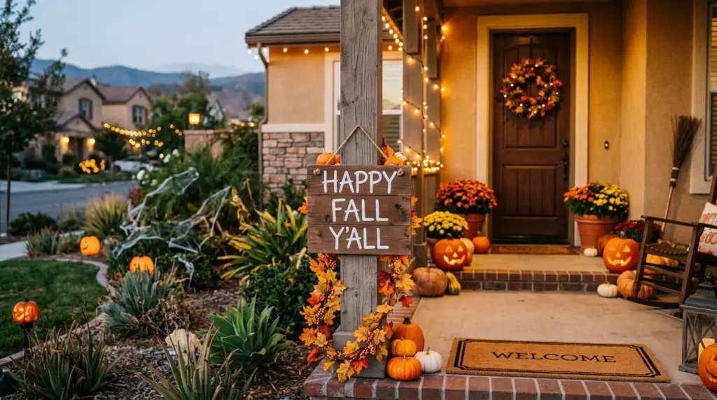 A close-up of a rustic wooden sign on a Rancho Cucamonga porch, reading 'Happy Fall Y'all,' surrounded by small gourds, a faux autumn leaf garland, and a textured welcome mat.