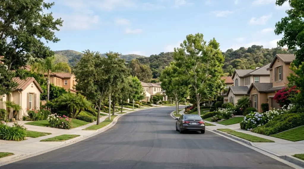 A quiet street in a Chino Hills neighborhood, lined with well-maintained homes and lush landscaping, a car slowly drives past.