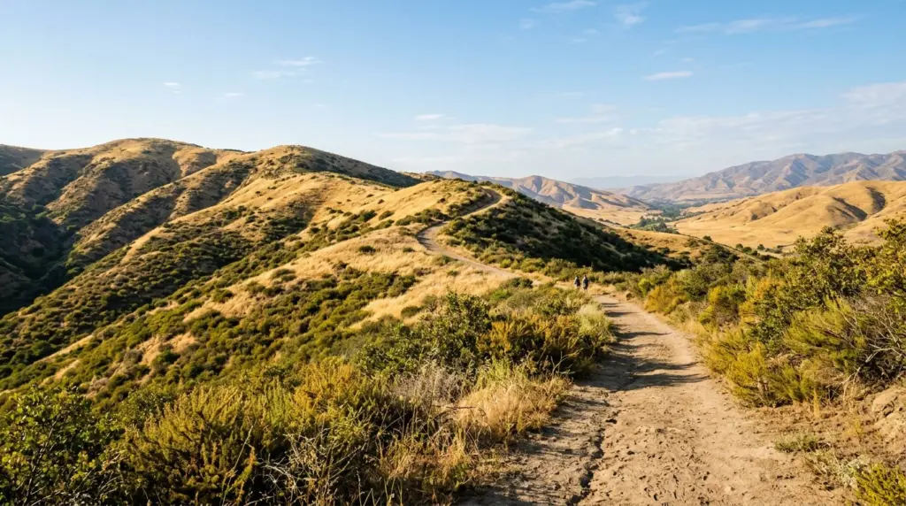 Sunlight illuminates a hiking trail winding through the golden hills of Chino Hills State Park, with native chaparral and scrub oak visible.