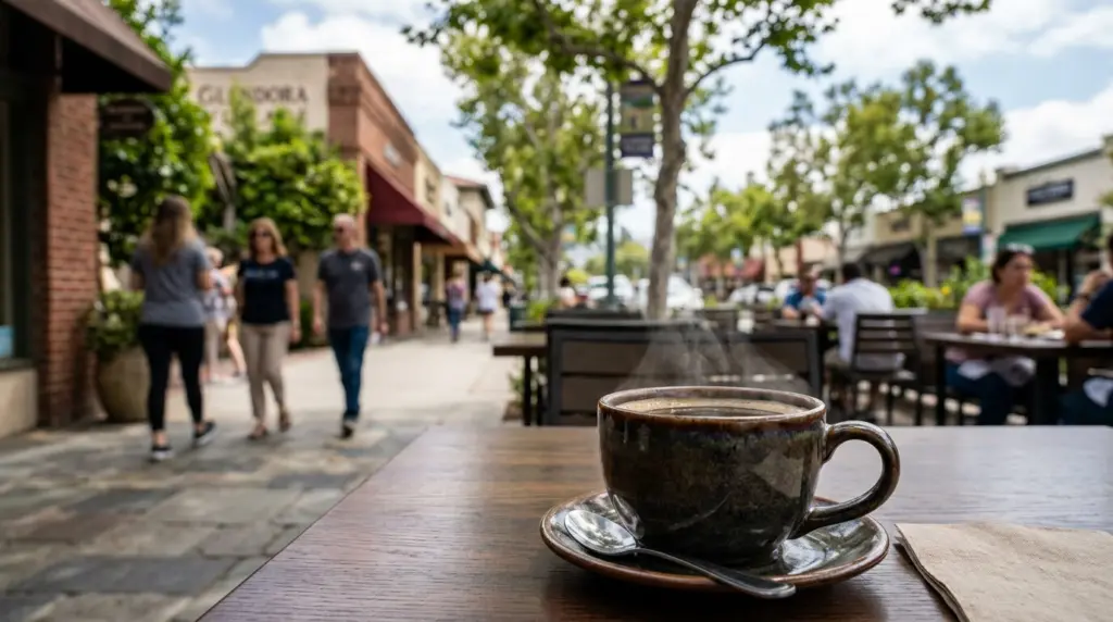 A close-up of a steaming coffee cup on an outdoor cafe table in Glendora Village, with blurred activity in the background.