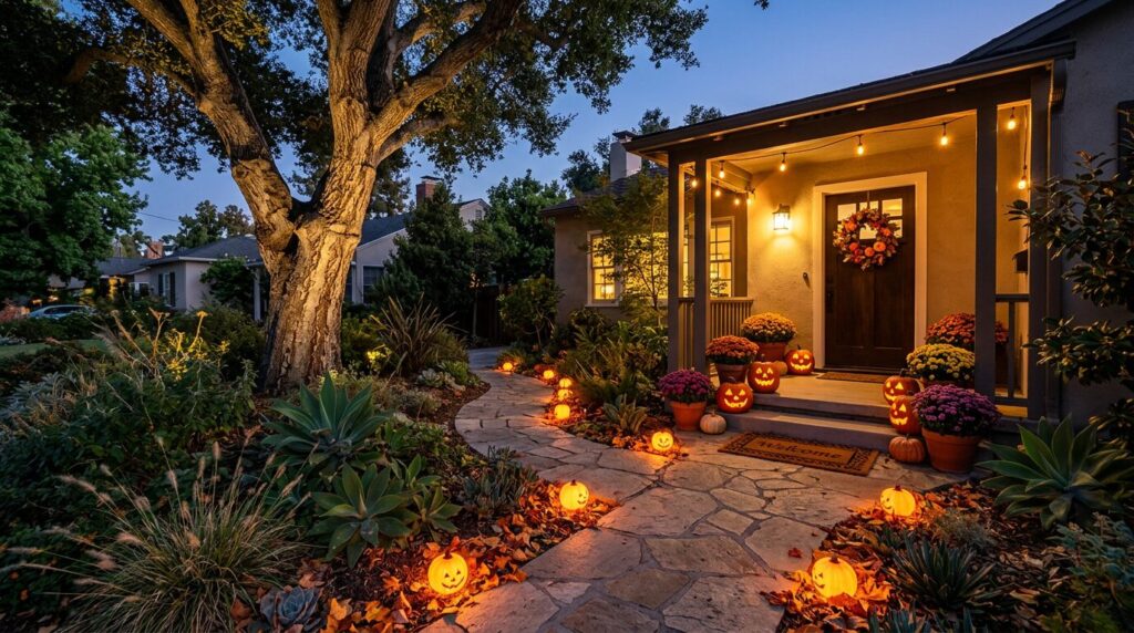 A close-up of a well-lit pathway leading to a front door, showing small, glowing pumpkin-shaped path lights and a motion-activated uplight illuminating a mature oak tree in a Southern California front yard.