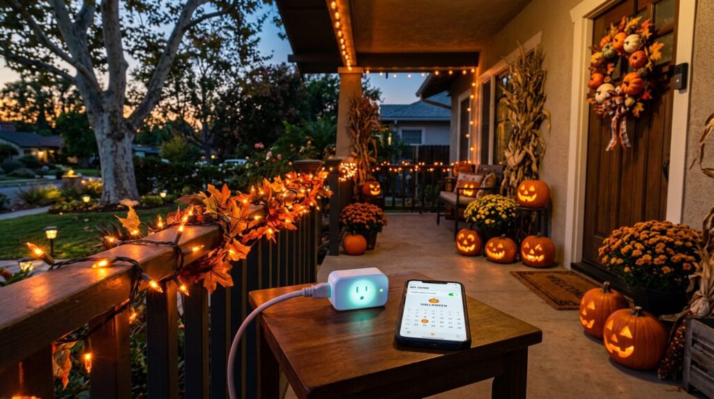 A smart plug glowing with a small indicator light, connected to a strand of Halloween lights, with a smartphone displaying a home automation app and a calendar indicating 'Halloween' in the background.