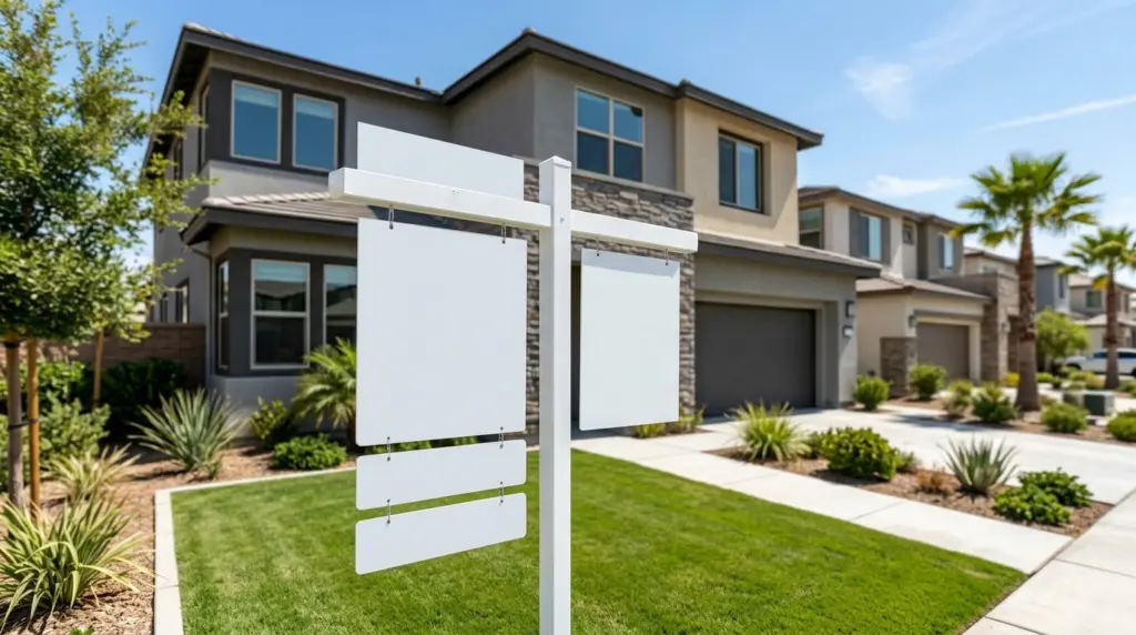 A close-up view of a 'For Sale' sign standing in front of a modern single-family home in one of Rialto's newer north-side communities.