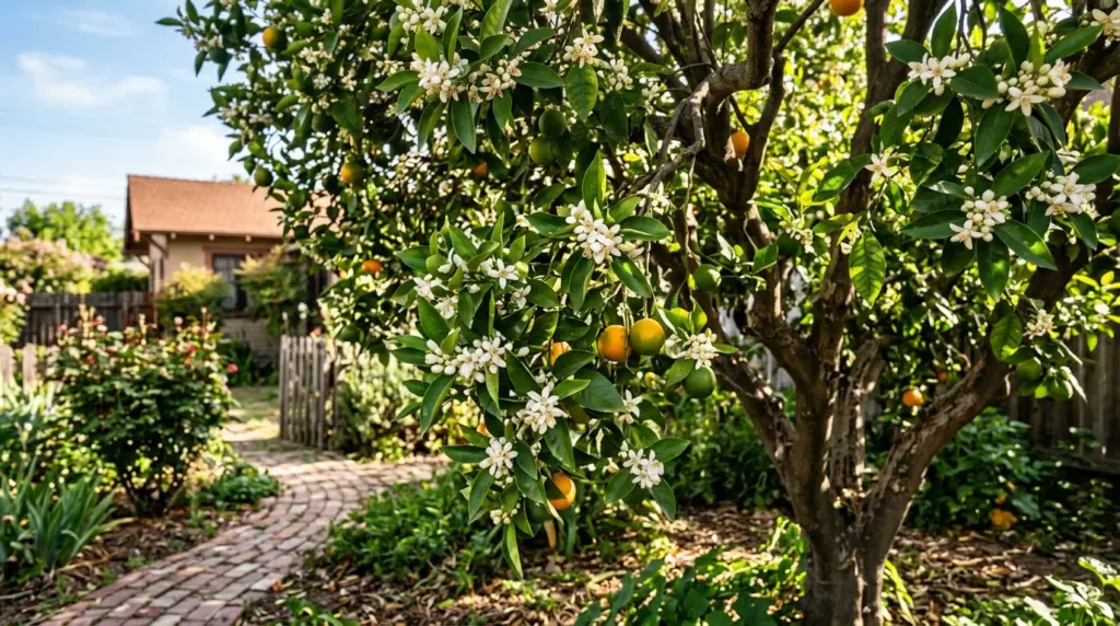 A detailed shot of a blossoming citrus tree in a backyard, evoking Rialto's historical agricultural roots, with sunlight filtering through its leaves.