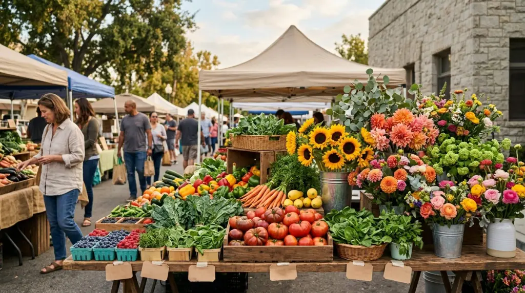 A vibrant display of fresh, locally grown produce and colorful flowers arranged neatly at the Upland Farmers Market, with soft light highlighting the textures.
