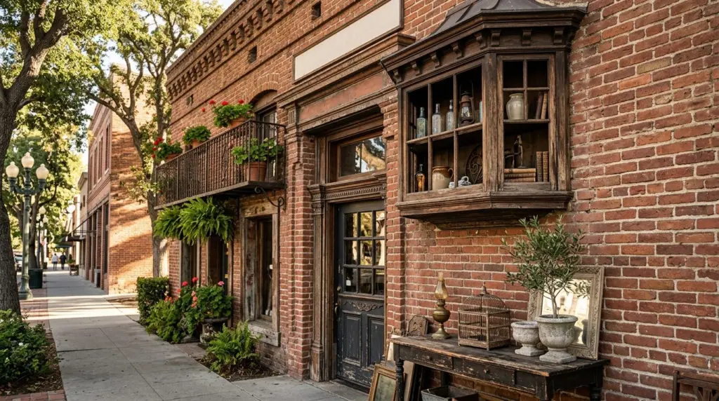 An exterior close-up of a charming brick facade of an antique shop on Second Avenue in Historic Downtown Upland, with intricate architectural details illuminated by the afternoon sun.