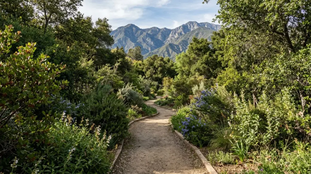 A quiet walking path winding through the California Botanic Garden, surrounded by diverse native plants and a distant view of the San Gabriel Mountains.