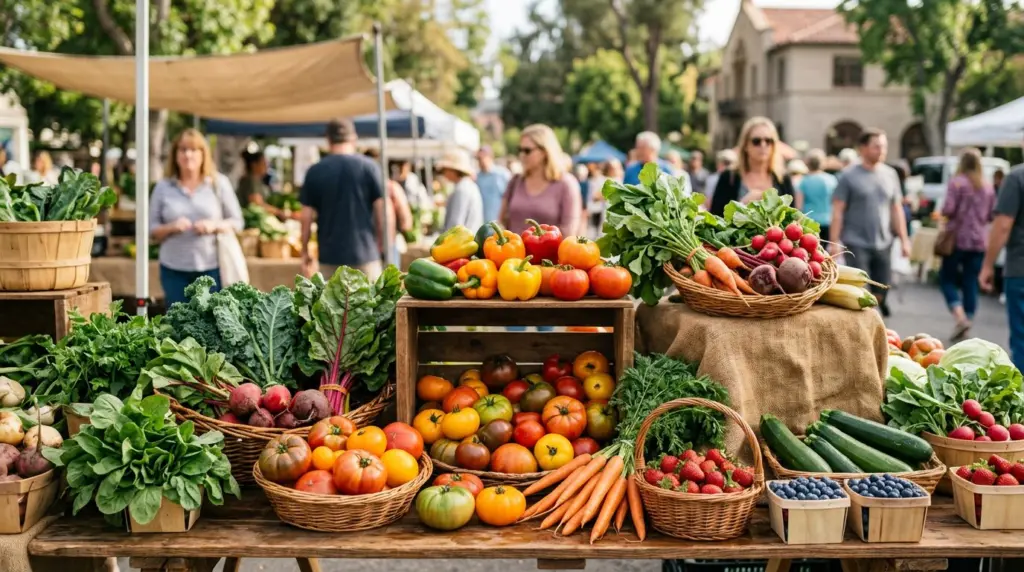 Close-up of vibrant, seasonal produce artfully arranged at an outdoor market stall, with blurred activity in the background.