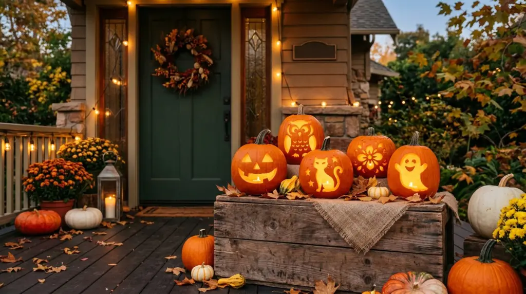 Close-up on a cluster of uniquely carved pumpkins, some traditional and some whimsical, arranged artfully on a vintage wooden crate on a Claremont front porch, with autumn leaves scattered nearby.