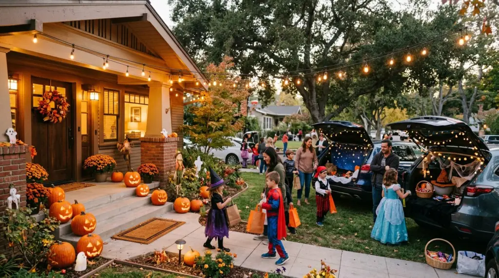 Families in friendly costumes mill about a community gathering space in Claremont, where decorated car trunks offer treats under the soft glow of string lights.