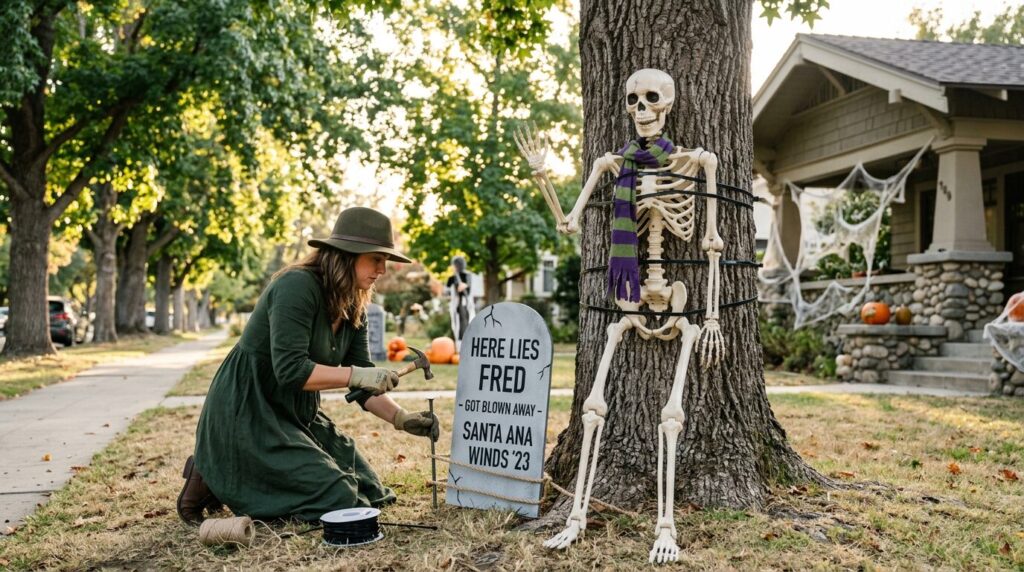 A friendly, posed skeleton is securely zip-tied to a sturdy, mature street tree in a Claremont front yard, while a costumed adult carefully adjusts a firmly staked, whimsical tombstone, demonstrating preparedness for the Santa Ana winds.