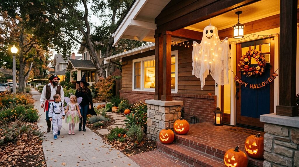 On the porch of a charming mid-century home near the Claremont Village, a friendly ghost hangs from the eaves, and several illuminated, carved pumpkins glow beside a uniquely decorated front door, with a family in gentle costumes strolling past on the clearly lit sidewalk.