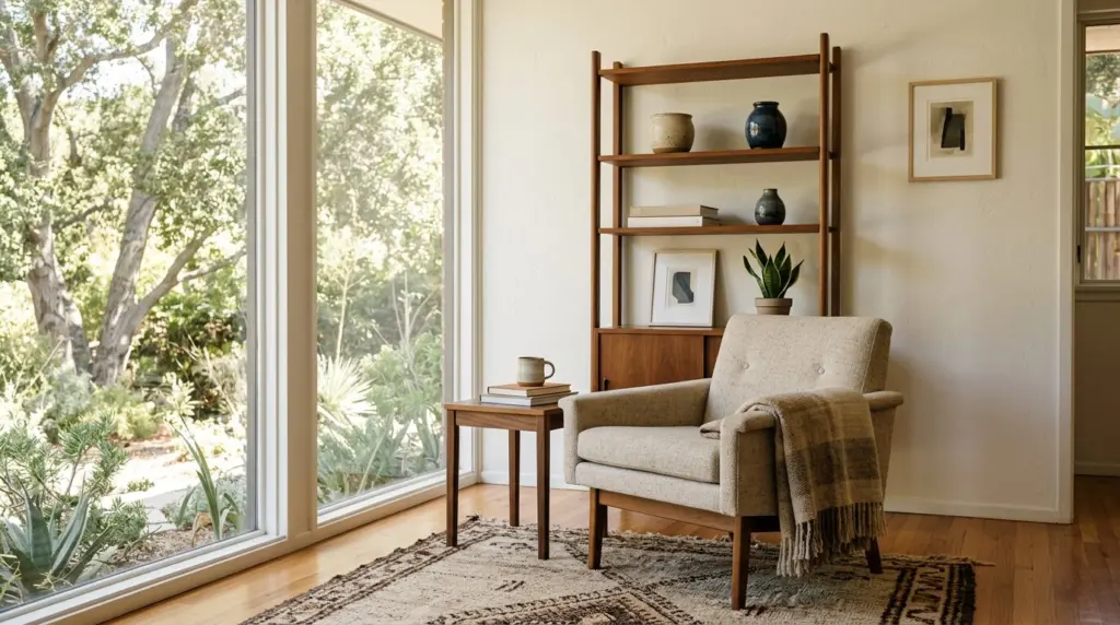 A close-up of a meticulously staged living room corner in a mid-century home, featuring abundant natural light and curated, understated decor.