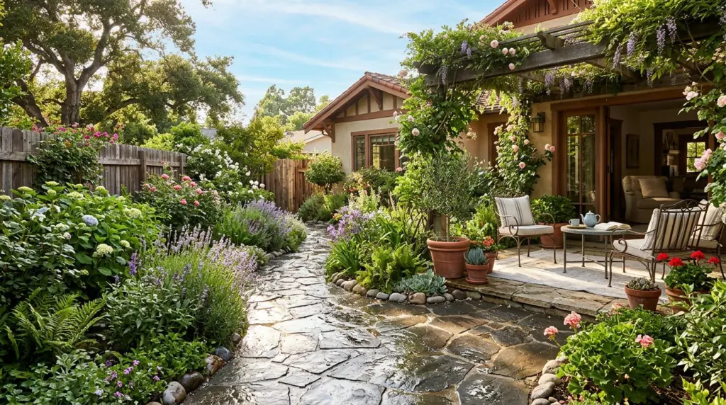 Sunlight glinting off a freshly watered garden path leading to a charming backyard patio, hinting at the appeal of outdoor living in a serene setting.