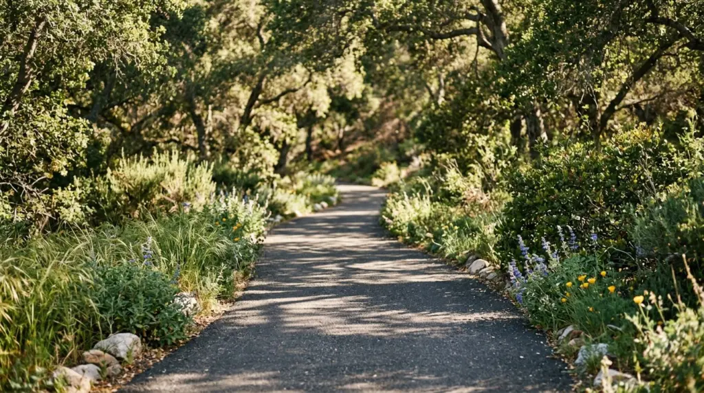 A close-up of a paved walking path in Sycamore Canyon Park, bordered by native plants and dappled sunlight filtering through oak trees.
