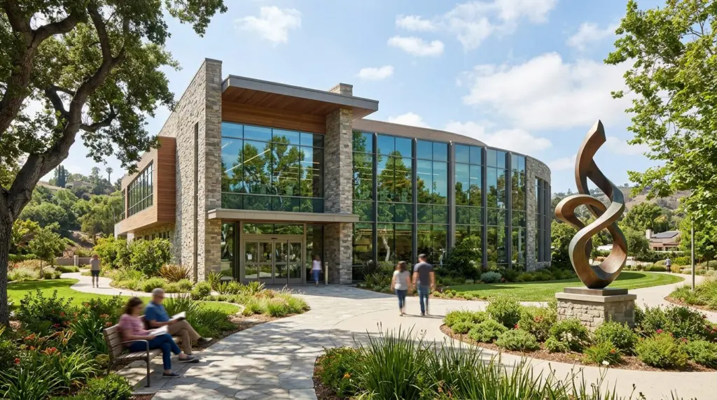 The exterior of the Diamond Bar Library, a modern building with large windows reflecting the surrounding greenery, with public art nearby.