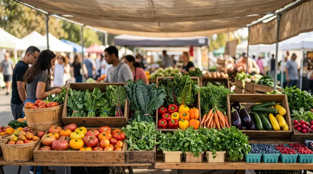 A close-up of a diverse array of fresh produce neatly arranged at an outdoor farmers market stall, with vibrant colors and natural textures under a sunshade.