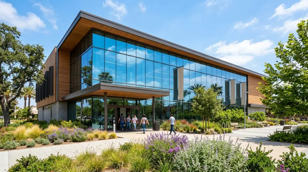 The exterior of a modern public library branch in Ontario, CA, showcasing large windows reflecting the sky, a welcoming entrance, and well-maintained landscaping under a bright afternoon sun.