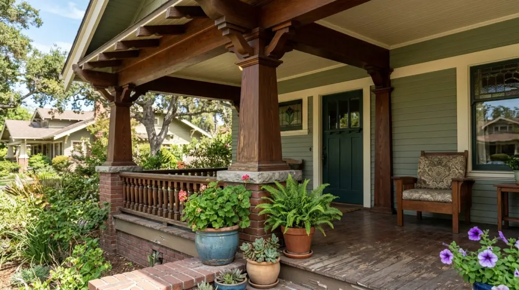 A close-up of a well-maintained porch with potted plants on a craftsman home near the University of La Verne campus, highlighting intricate woodwork.