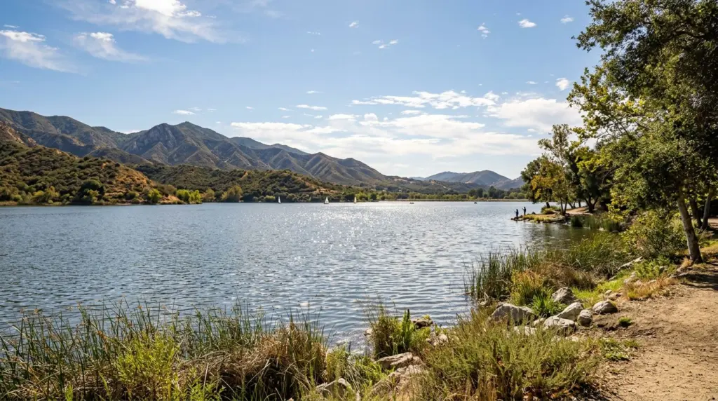 Sunlight glinting off the calm surface of Puddingstone Lake with distant foothills visible from Bonelli Regional Park, a light breeze rippling the water.