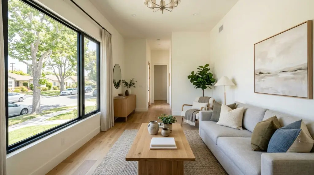 A bright, decluttered living room interior with contemporary furnishings, bathed in natural light from a large window overlooking a quiet street.