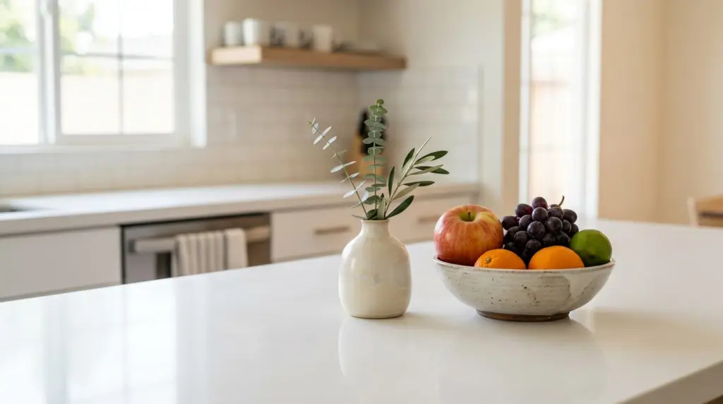 A close-up detail shot of a pristine kitchen counter, subtly adorned with a small ceramic vase and a bowl of fresh fruit, emphasizing cleanliness and readiness.