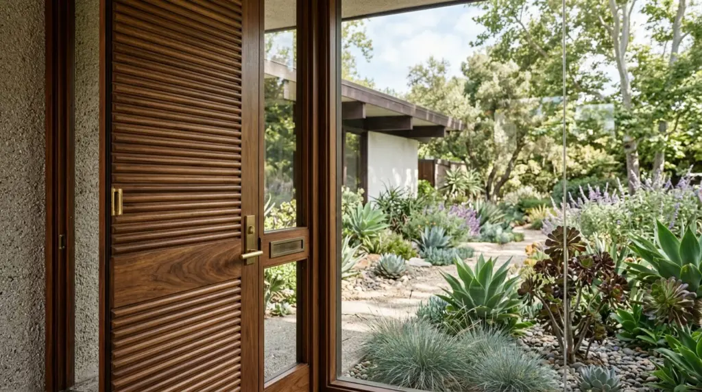 A close-up view of the intricate detailing on a mid-century modern home's front door, with a glimpse of a drought-tolerant garden beyond.