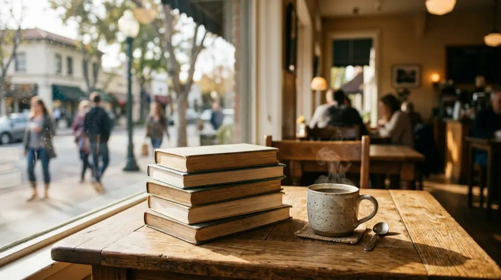 Sunlight illuminating a stack of books and a steaming mug on a wooden table inside a cozy Claremont Village cafe, with blurred street activity visible through the window.