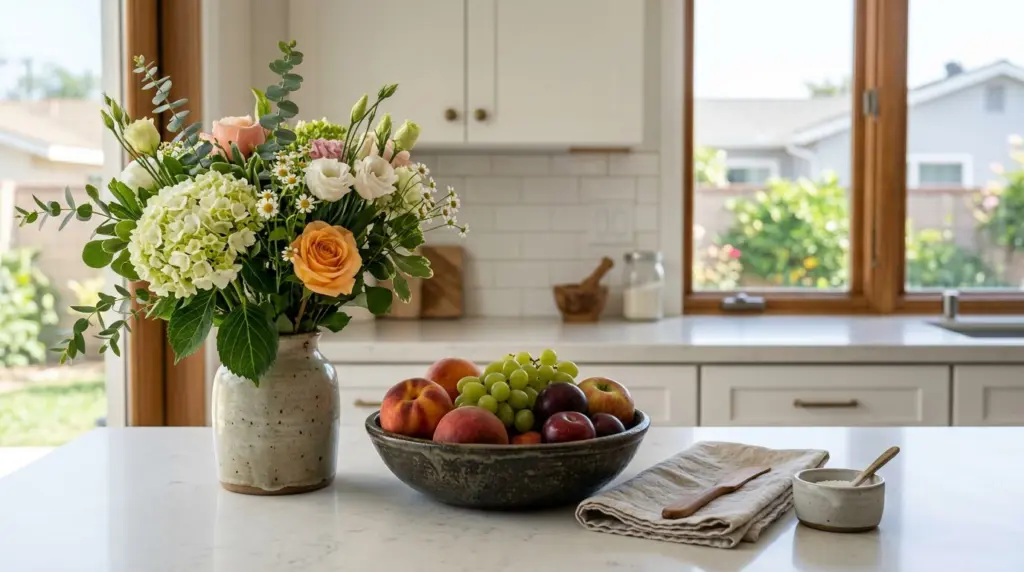 A close-up of a neatly staged kitchen countertop in a Chino home, featuring a vase with fresh flowers and a bowl of fruit, with natural light streaming in.