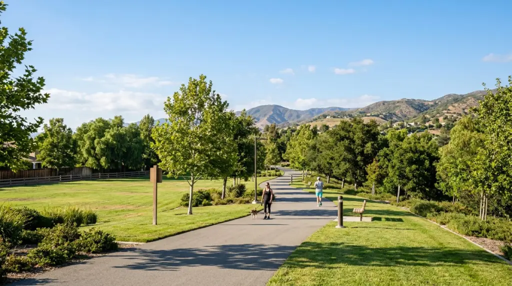 A wide, paved walking trail at Ayala Park in Chino, with a few trees and distant hills under a sunny afternoon sky, showing a well-maintained community amenity.