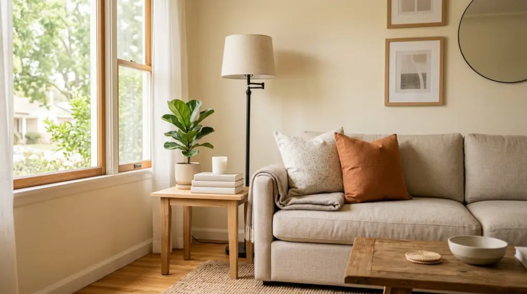 A close-up of a neatly staged living room in a La Verne home, featuring warm natural light and tasteful, minimalist decor.