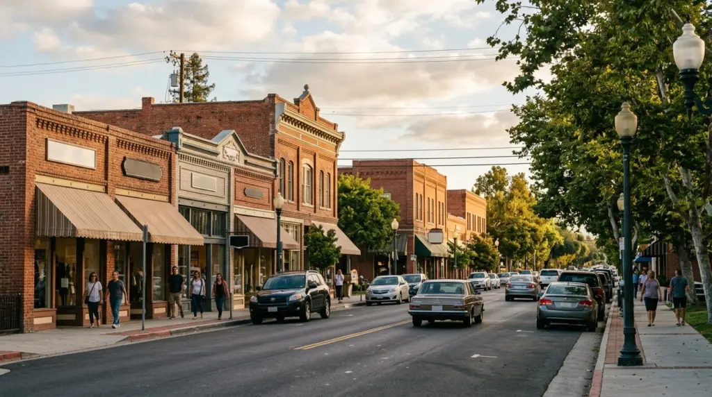 A wide shot of a La Verne street during late afternoon, with brick storefronts visible in the distance and cars slowly cruising Bonita Avenue.