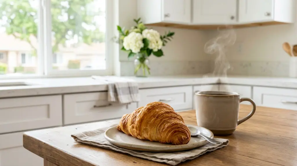A close-up of a freshly baked croissant and a steaming mug of coffee on a table inside a bright, clean kitchen, ready for an open house.