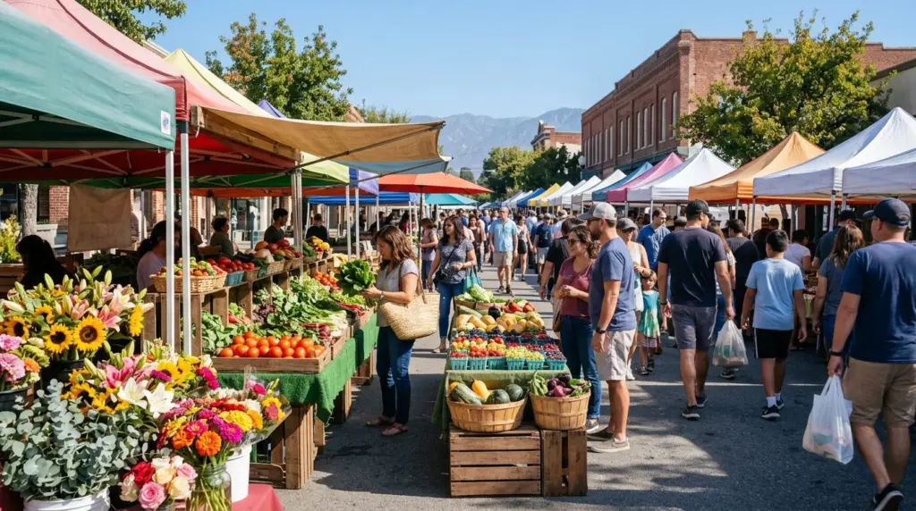The vibrant stalls of the Upland Farmers Market bustling with activity, with fresh produce and flowers prominently displayed under a clear blue sky.
