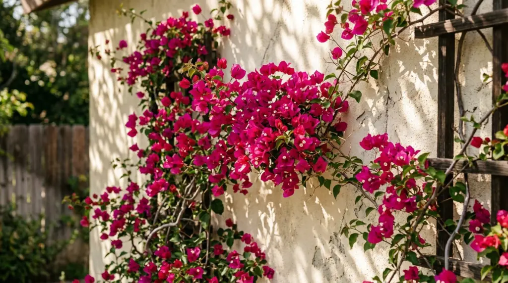 A close-up detail of a vibrant bougainvillea vine climbing a stucco wall, characteristic of local landscaping, with dappled sunlight accentuating its colors.
