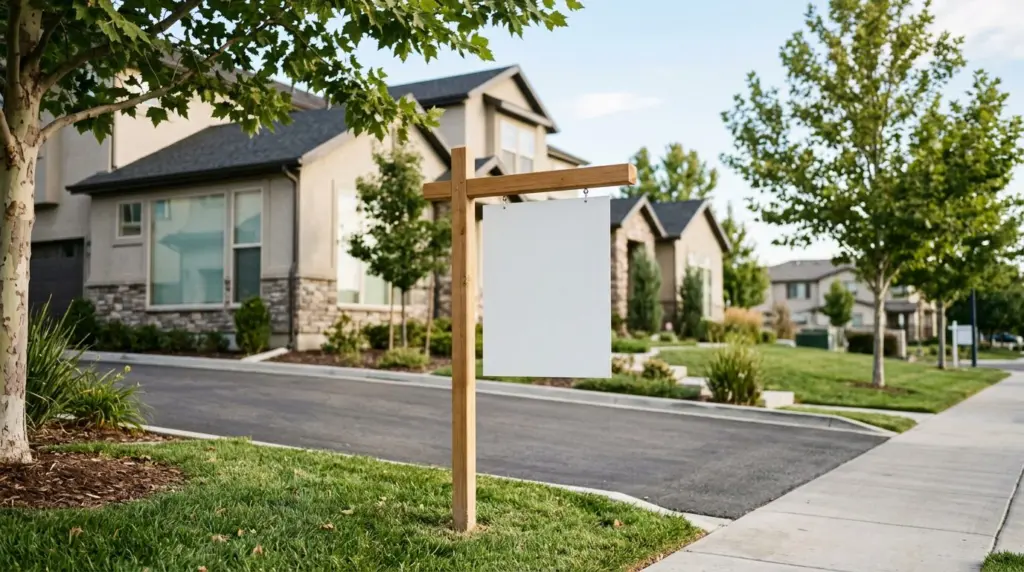 A close-up view of a 'For Sale' sign planted in the ground in front of a modern townhome community in Covina, with a subtle breeze rustling leaves.