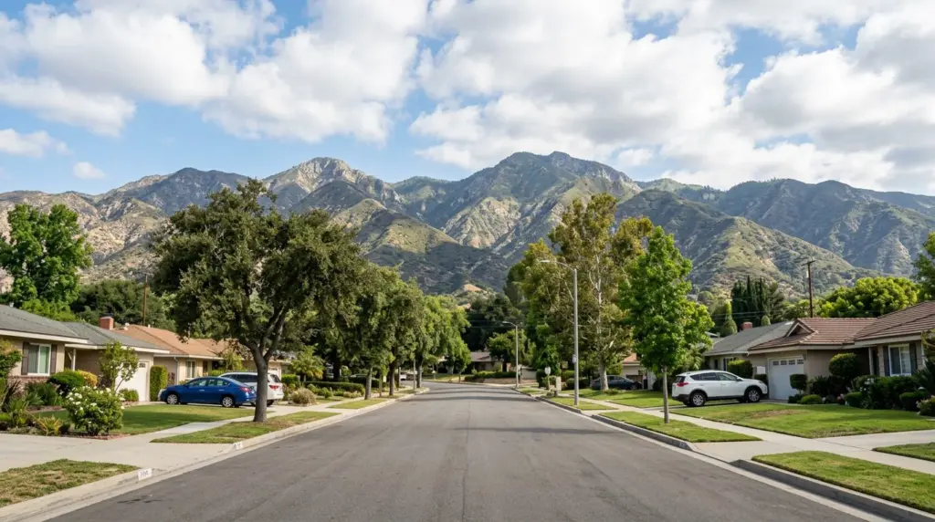 A wide shot showing the San Gabriel Foothills as seen from a northern Covina street, with a residential street visible in the foreground.