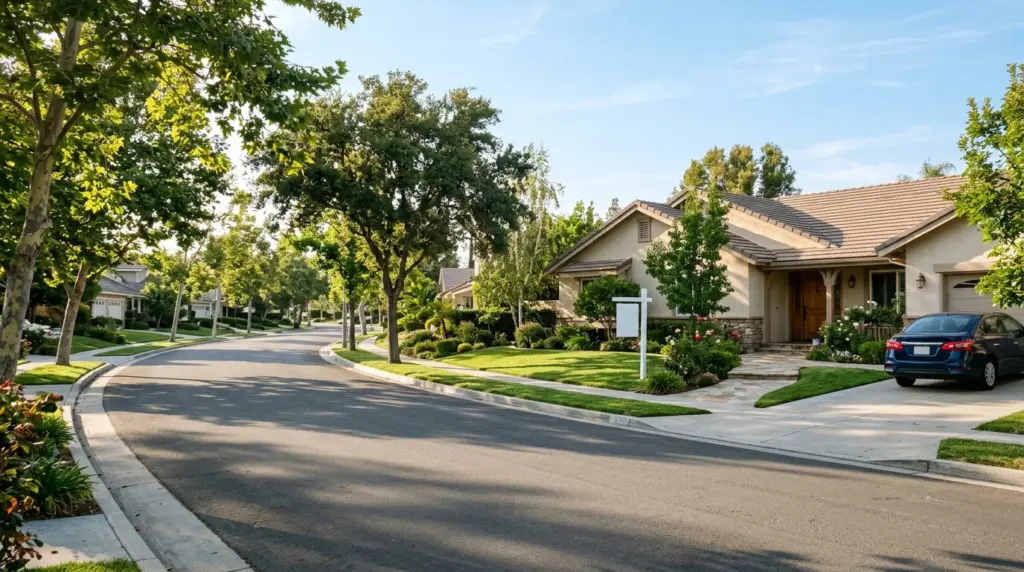 A quiet street scene in a Diamond Bar residential tract, sunlight dappling through mature trees onto a well-maintained single-family home with a 'for sale' sign partially visible.