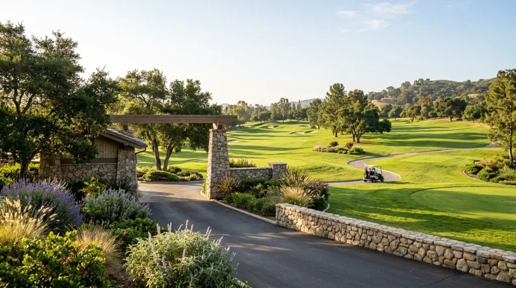 The entrance to the Diamond Bar Golf Course with its lush green fairways visible under morning sunlight, a golf cart slowly moving in the distance.