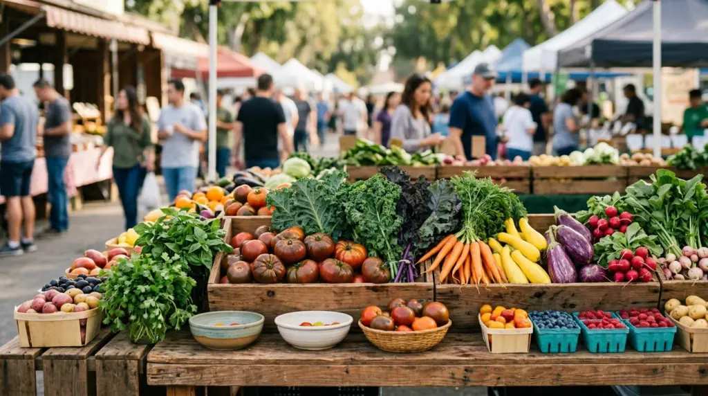 A close-up of colorful produce artfully arranged at an outdoor market stall, with blurred activity in the background.