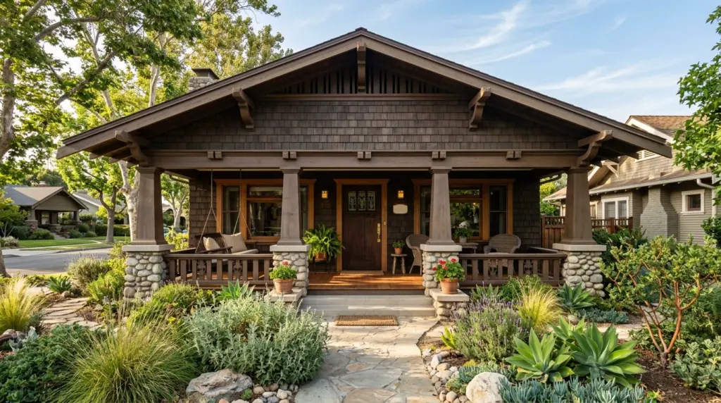 A wide shot of a classic Craftsman home porch, featuring intricate woodwork and a welcoming facade, framed by lush drought-tolerant landscaping.