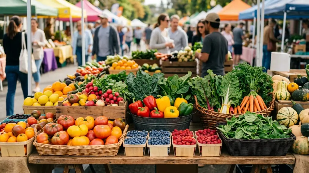 A close-up shot of colorful produce neatly arranged at a farmers market stall, with blurred activity in the background.
