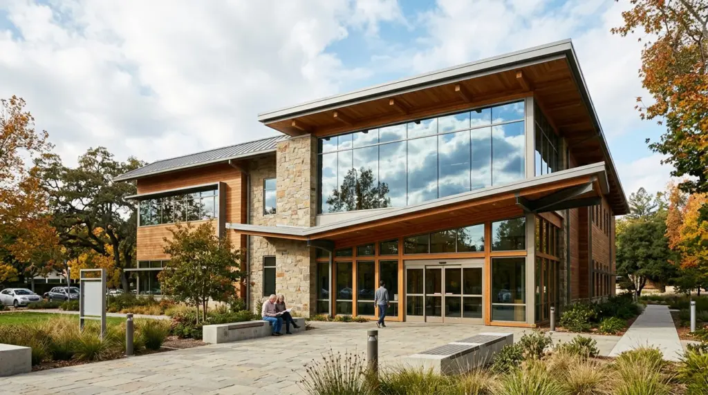 The front exterior of a modern public library building, with large windows reflecting the sky and a quiet entry plaza.