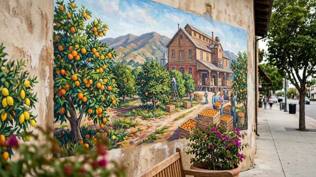 A close-up of a vibrant, colorful mural depicting citrus groves and historic packing houses on an exterior wall of a community building in downtown Rialto.